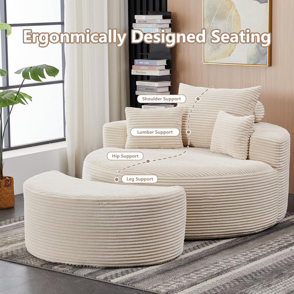 55.11" W Oversized Round Chaise Lounge Chair, Deep Seat Corduroy Cloud with Pillows, Moveable Ottoman and Blanket– Comfy Circle Loveseat Sofa Chair for Living Room or Bedroom (Beige)