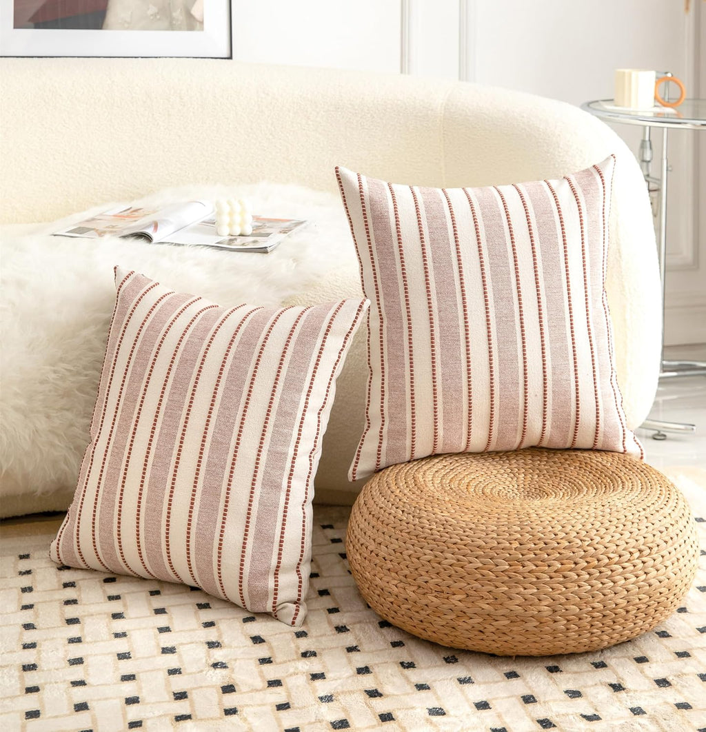 Decorative Boho Throw Pillow Covers, Farmhouse Textured Pillow Case, 18 x 18 Inch Set of 2, Chair Sofa Bedroom Living Room Home Decor Couch Cushion Case, Rust and Beige Striped