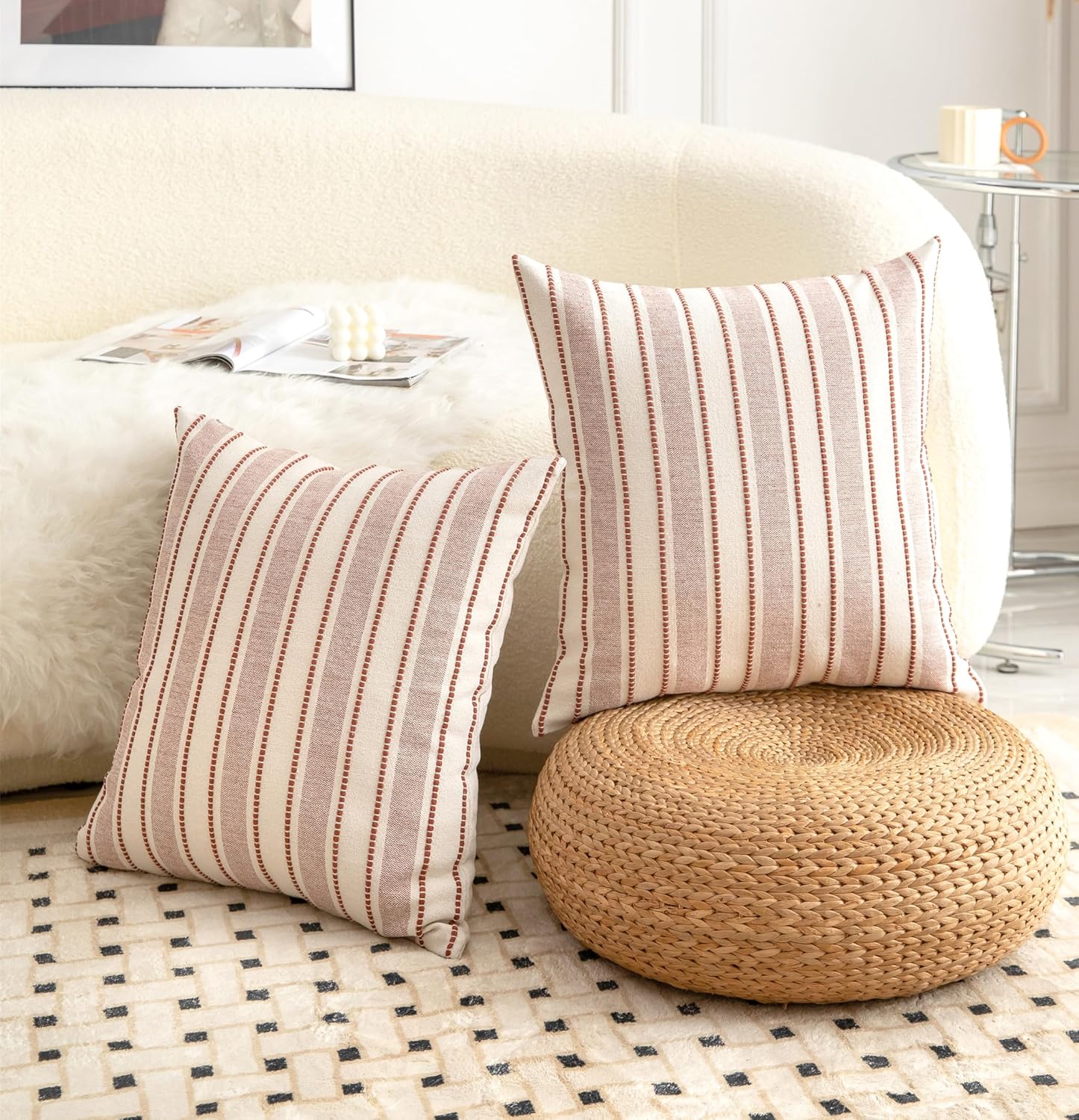 Decorative Boho Throw Pillow Covers, Farmhouse Textured Pillow Case, 18 x 18 Inch Set of 2, Chair Sofa Bedroom Living Room Home Decor Couch Cushion Case, Rust and Beige Striped