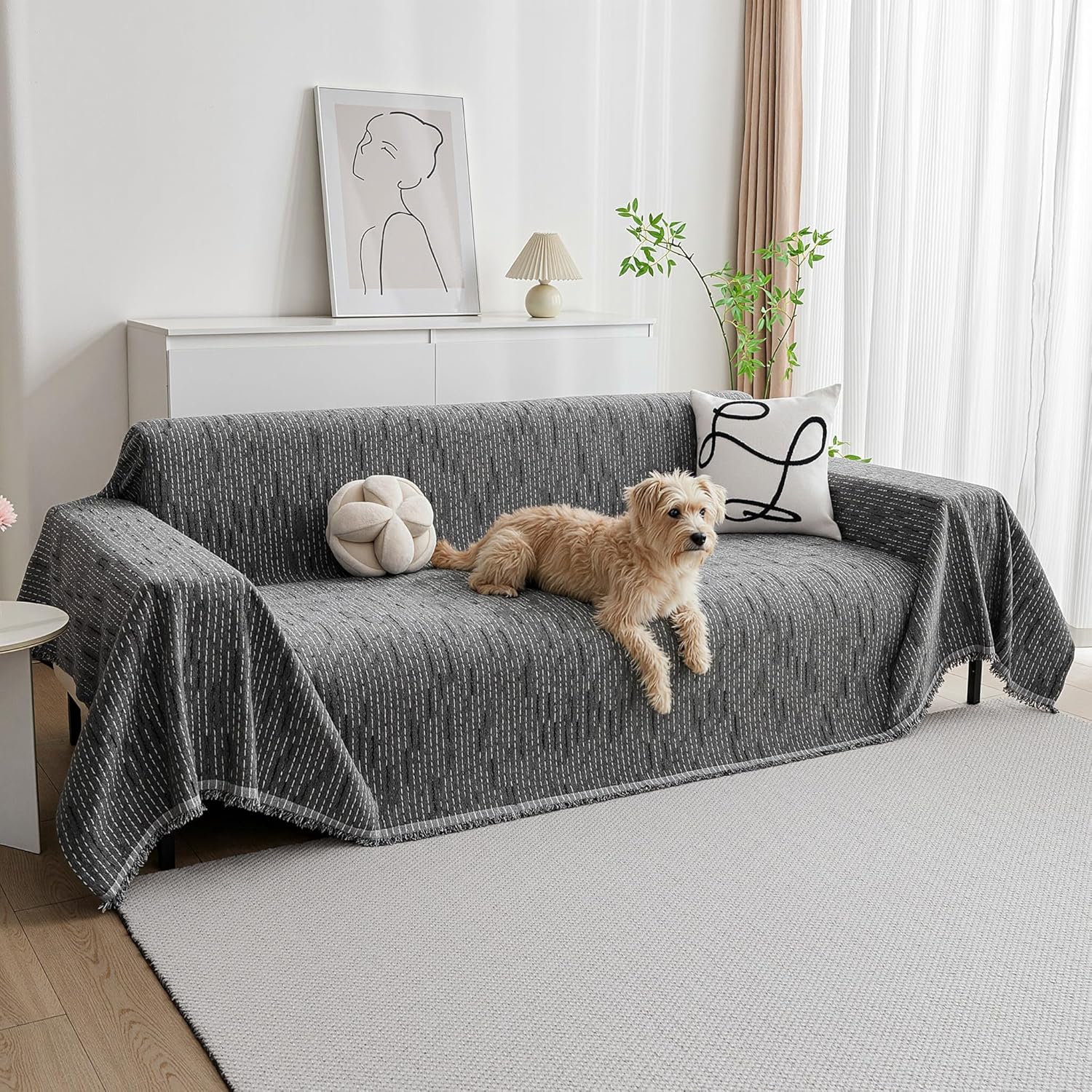 MYSKY HOME Couch Covers for Sofa, Dog Couch Cover Protector, Dark Grey Lines Sofa Covers for Sectional L Shape, Pets Couch Throw Cover Washable Durable Large Couch Cover for Dogs, Cats, 71" X118"
