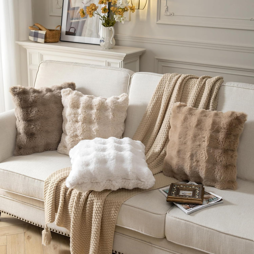 Pack of 2 Thick Plush Throw Pillow Covers Fluffy Wave Faux Fur Decorative Cushion Covers Soft Wool Pillowcase for Sofa Couch Livingroom 20x20 Inch White