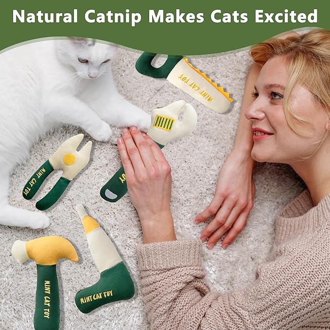 Catnip Toys for Cats, Chew Resistant Cat Toys with Natural Catnip, Interactive Funny Shape Kitten Kicher, Soft Cat Teething Chew Toy for Indoor Cats & Kittens, Tool Shape Pet Toys, 5 Pack