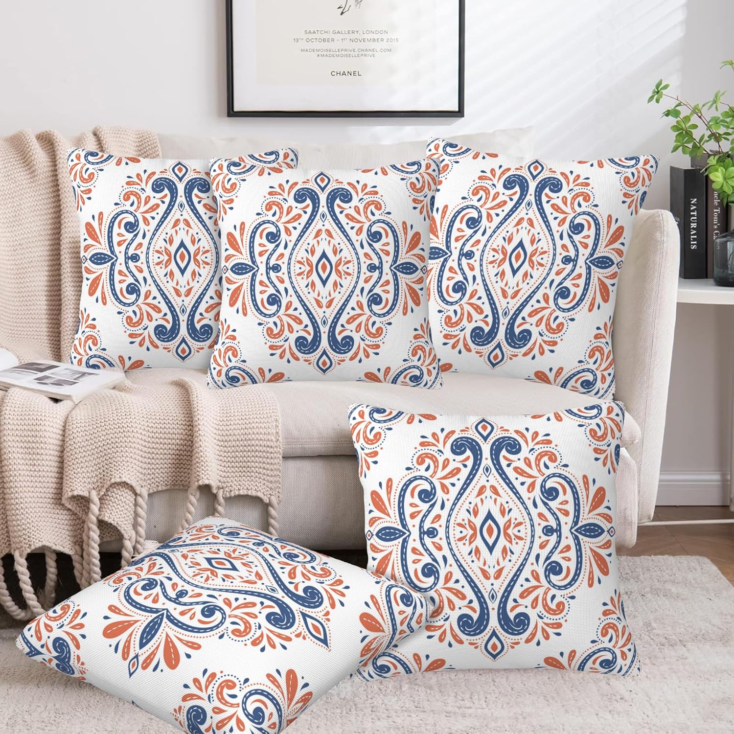 Throw Pillow Covers Blue and Orange Floral Pillow Covers 16x16 Inch Set of 2 Vintage Paisley Throw Pillows Decorative Pillow Cases Cushion Covers for Bedroom Livingroom Sofa Farm House