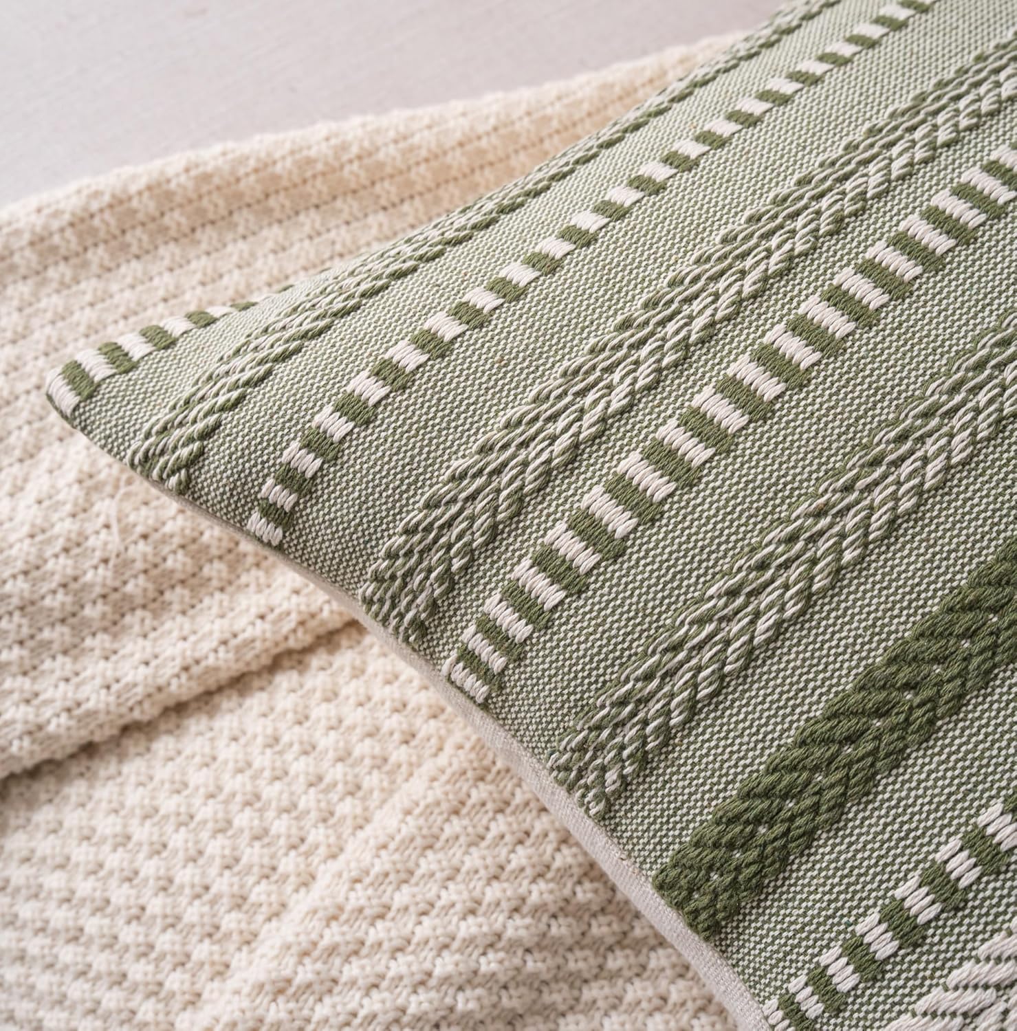 Boho Throw Pillow Covers 18x18 Inch Set of 2, Farmhouse Decorative Couch Pillow Cases, Green Accent Pillows of Bed, Sofa Bedroom Living Room Home Decor Cushion Cover