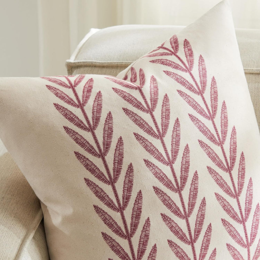 100% Cotton Farmhouse Leaves Throw Pillow Covers Set of 2, 20x20 Inch Burgundy Pastoral Decorative Print Cushion Covers for Sofa Bed Living Room Home Decor