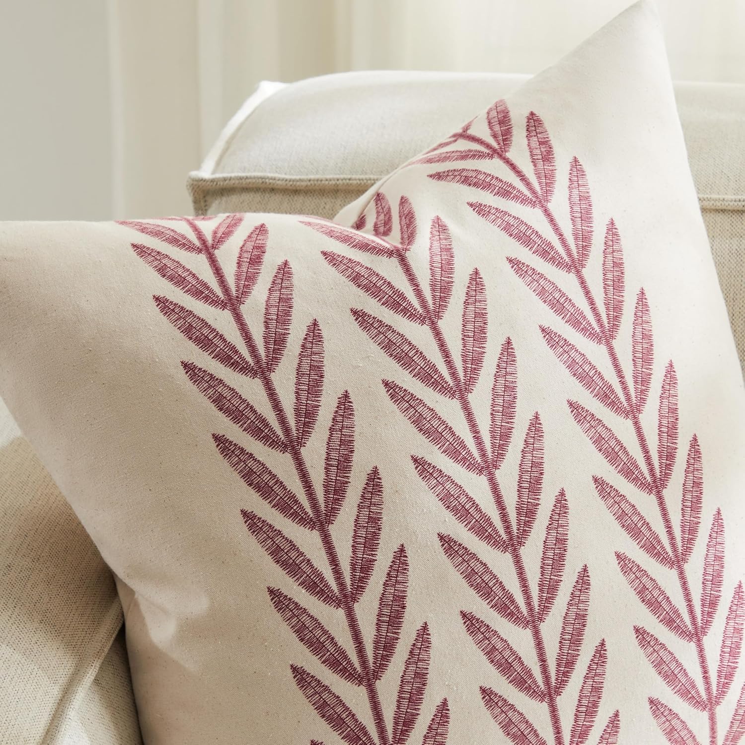 100% Cotton Farmhouse Leaves Throw Pillow Covers Set of 2, 18x18 Inch Burgundy Pastoral Decorative Print Cushion Covers for Sofa Bed Living Room Home Decor