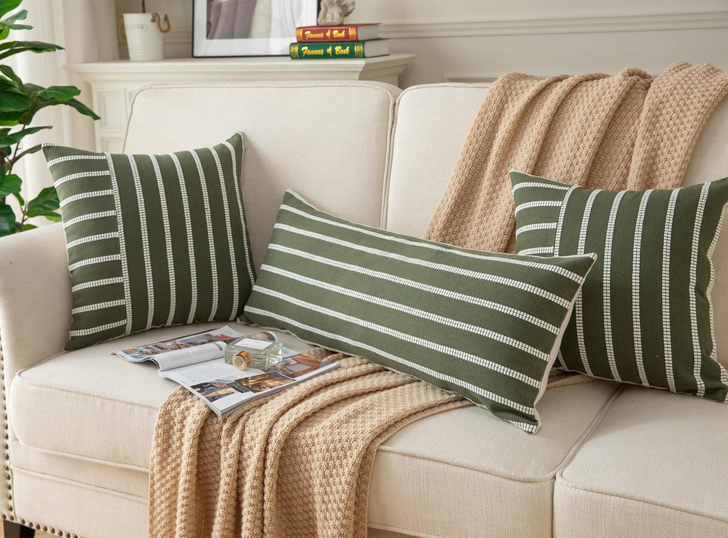 Caflife Boho Lumbar Throw Pillow Cover 14X36 Long Soft Farmhouse Decorative Couch Pillow Cases Green Striped Body Pillow Covers Neutral Cushion Covers for Sofa Bed Living Room Home Decor Pack of 1