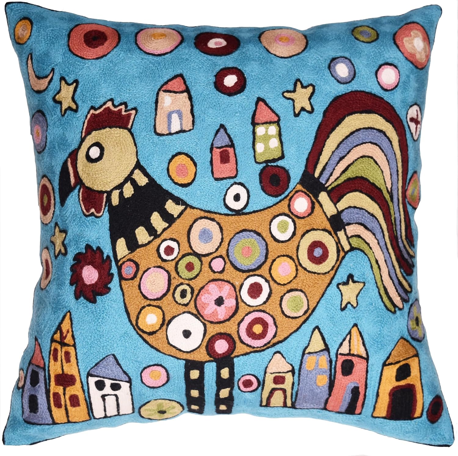 Turquoise Rooster Accent Pillow Cover Bird Cockerel Decorative Pillowcase Karla Gerard Farmhouse Sofa Cushions Hand Embroidered Wool 18x18 Inch