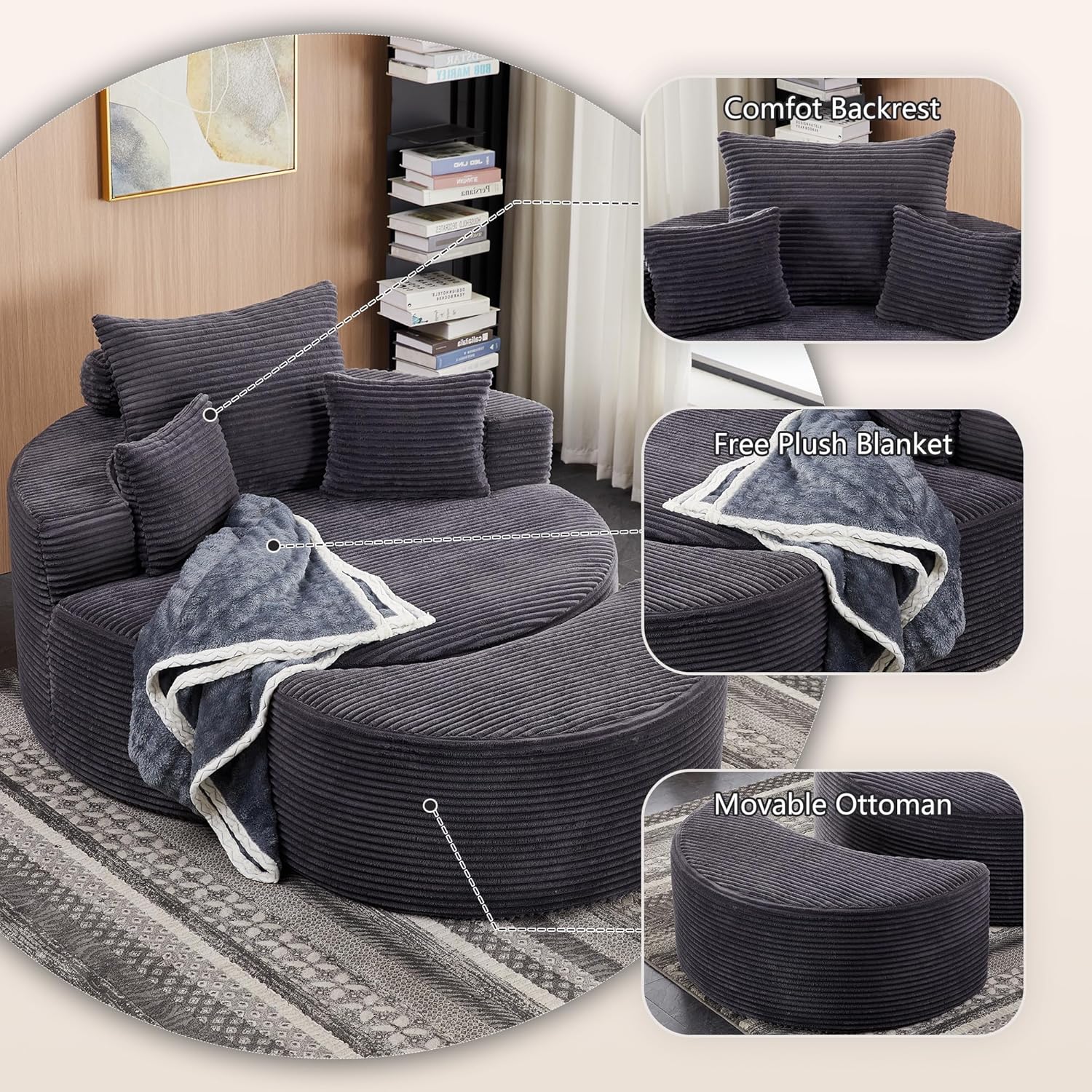 55.11" W Oversized Round Chaise Lounge Chair, Deep Seat Corduroy Cloud with Pillows, Moveable Ottoman and Blanket– Comfy Circle Loveseat Sofa Chair for Living Room or Bedroom (Grey)