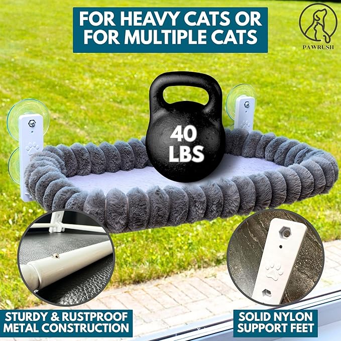 Cat Window Perch — Premium Cat Window Hammock with 4 Large Suction Cups & Soft Bubble Cushion; Strong Rustproof Metal Frame Window Bed Holding 40lbs; Easy Assembly Perch for Indoor Cats; Gray