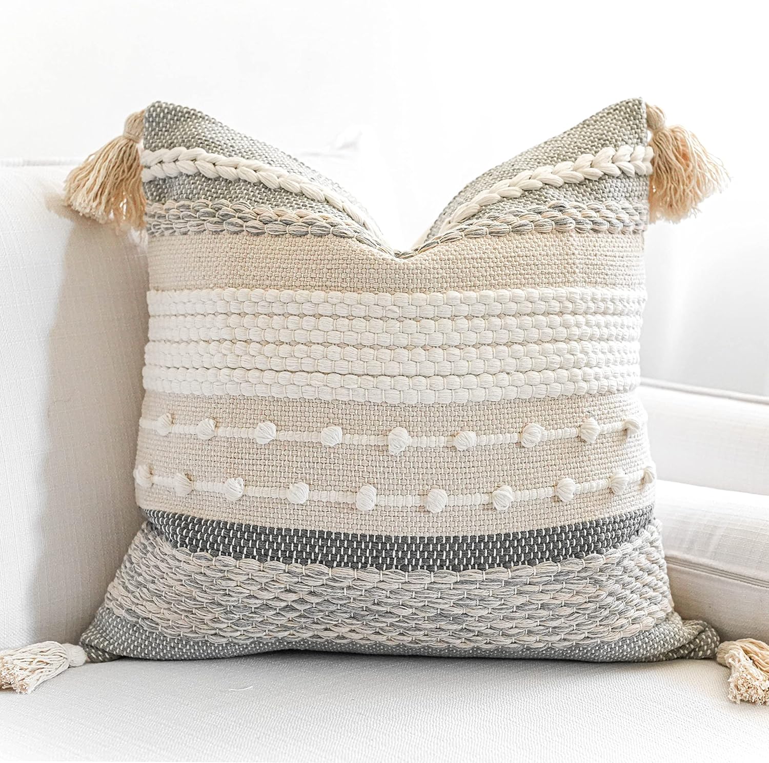 BlissBlush Gray Boho Throw Pillow Cover 20x20 Grey Decorative Accent Pillow for Couch Square Woven Textured Pillowcase Modern Farmhouse Pillow for Bed Bohemian Pillow Cover (Pack of 1)