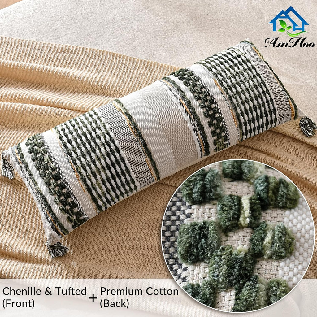 AmHoo Chenille Striped Textured Boho Throw Pillow Covers Aesthetic with Tassels Woven Decorative Pillow Case for Couch Bed Sofa Bedroom Modern Funky 14 x 36-Inch Sage Green