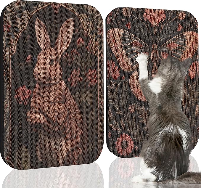 2 Pack Art Cat Scratcher, Wall-Mountable Cat Scratch Pad, Wall Cat Scratcher 16.7x11x1 Inch Cat Scratching Board for Indoor Cats Toy(Butterfly & Rabbit)