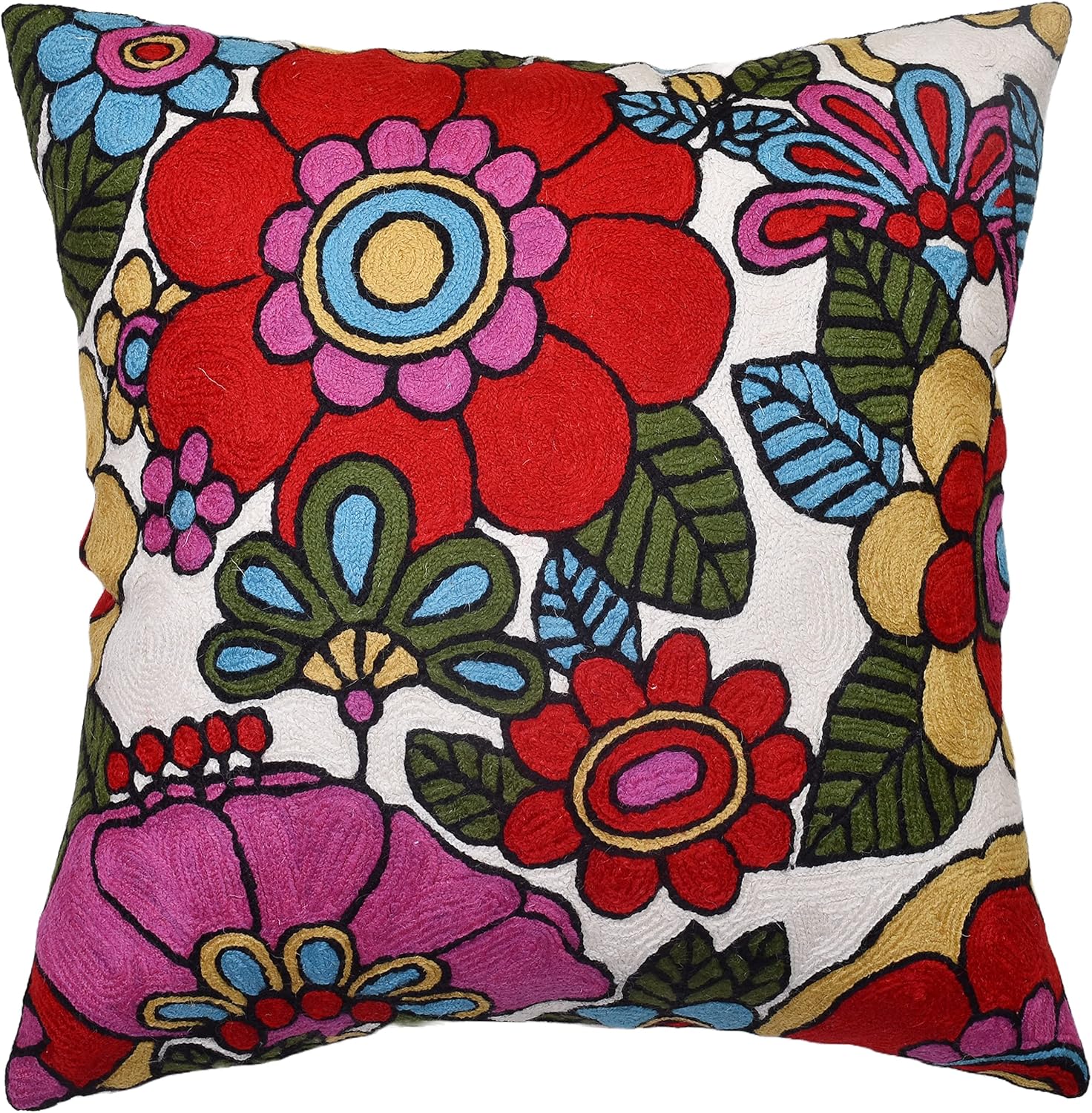 Floral Pillow Cover Handembroidered Wool 18x18 (Retro Floral Pillow Cover)