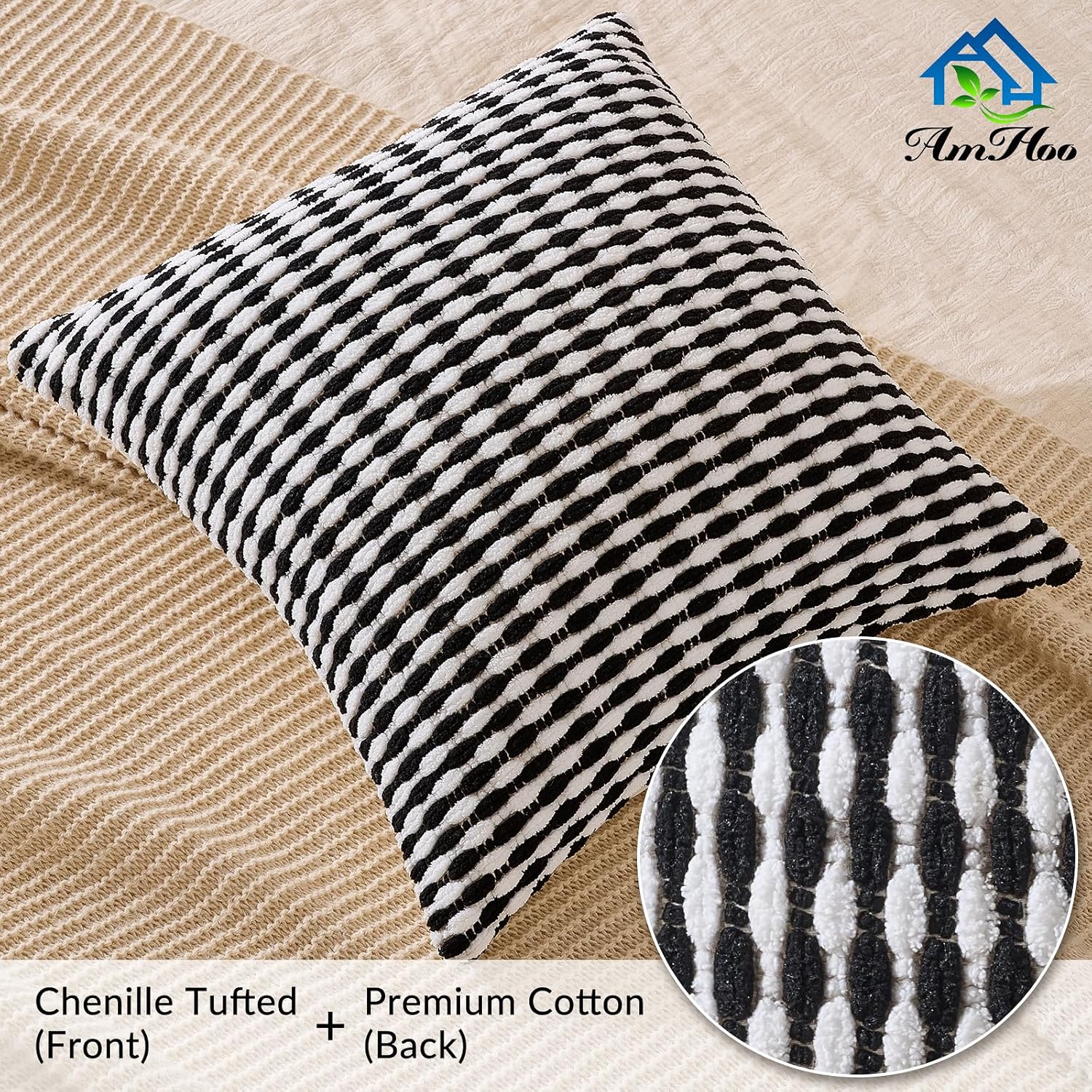 AmHoo Boho Chenille Pillow Cover Decorative Tufted Pillowcase for Couch Bed Sofa Bedroom Living Room Modern 18 x 18-Inch Black