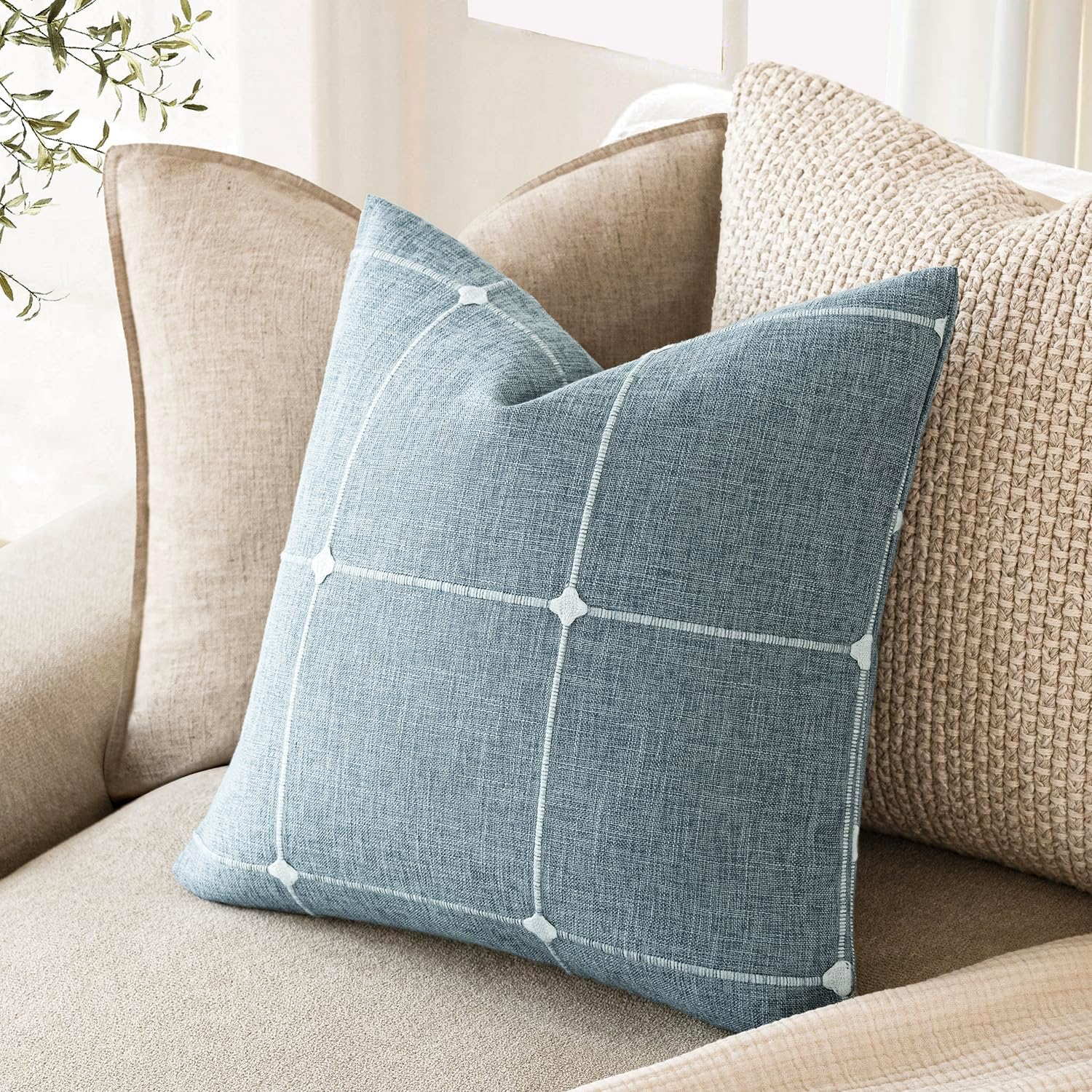 Foindtower Pack of 2 Decorative Faux Linen Jacquard Check Throw Pillow Covers Farmhouse Cushion Cover with Grid Textured Accent Pillowcase for Couch Sofa Living Room Home Decor,16×16 Inch,Light Blue