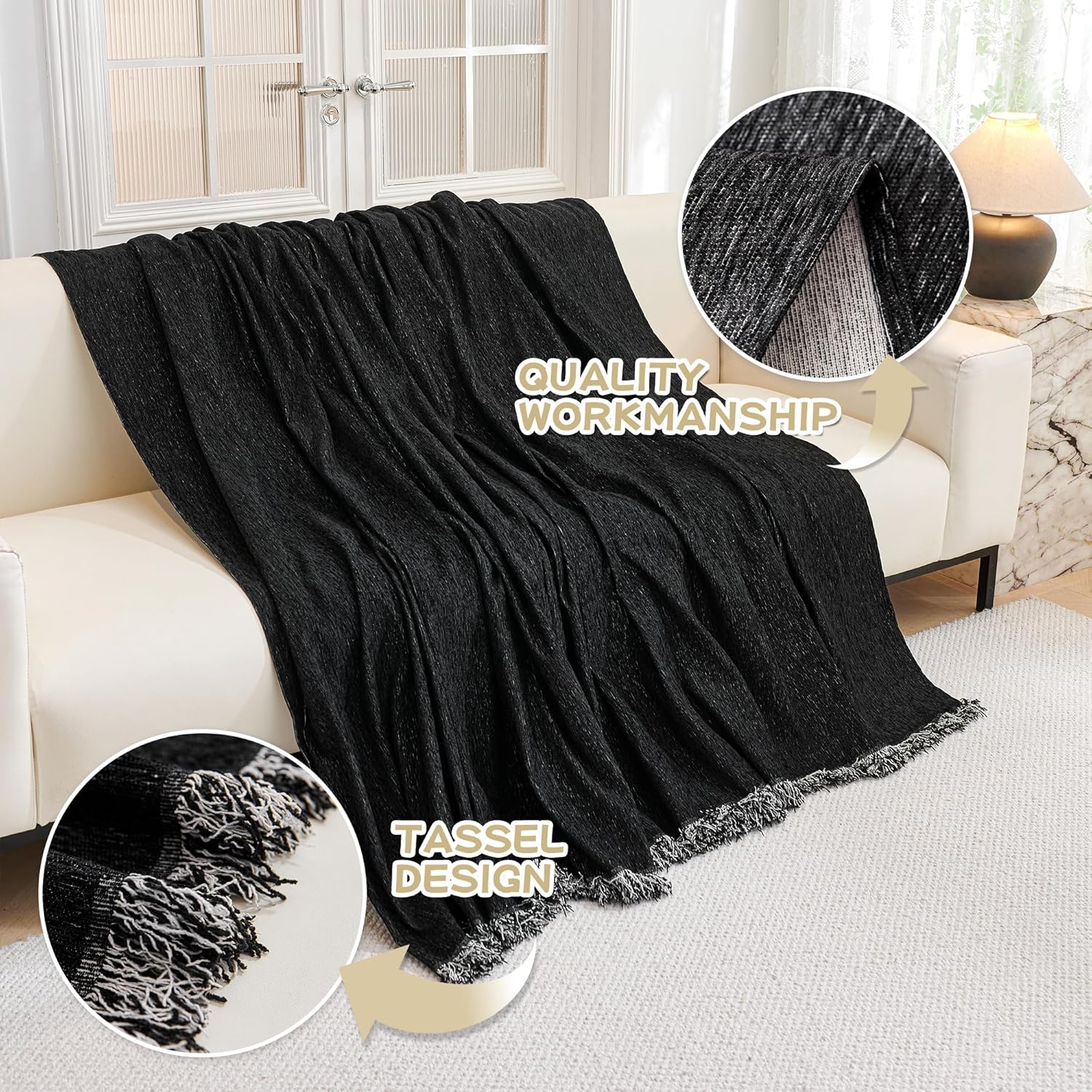 MYSKY HOME Couch Cover for Dogs Washable Couch Covers for 3 Cushion Couch Sofa Super Soft Sofa Slipcover Non Slip Sofa Cover, Chenille Sofa Covers for Dogs, Furniture Protector, 71"x150", Black
