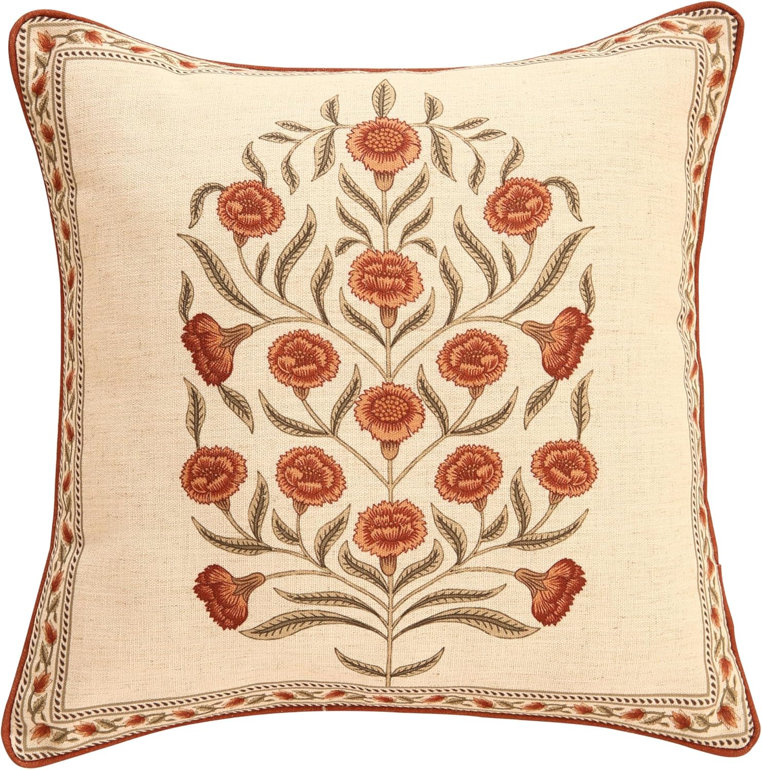 ISAENNE Design Linen Square Vintage Throw Pillow Covers 18"x18", Brick Red Cushion Covers with Orange Floral Green Leaves Pattern Decoration Pillowcases for Bed,Living Room,Outdoor,Car