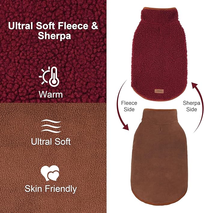 cyeollo Warm Dog Coat Fleece Sherpa Winter Sweater Coats, Turtleneck Reversible Jackets for Small Medium Large Dogs with Leash Hole, Soft Cold Weather Vest, Burgundy, XXL