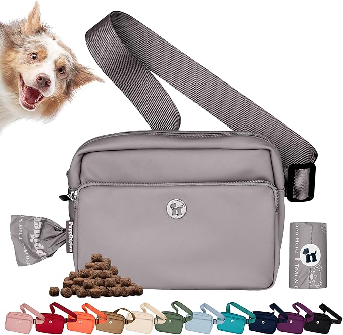 Puppington 3-in-1 Crossbody Dog Walking Bag & Treat Pouch with Matching Planet Safe Poop Bags & Built-In Dispenser - Zippered Pockets (Charcoal Gray)