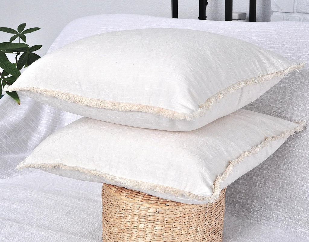 18×18 Ivory White Decorative Fringe Cotton Pillow Covers Boho Farmhouse Throw Cushion Covers with Tassels Linen Like Textured Accent Pillowcases for Bed Couch Chair Sofa Living Room Set of 2