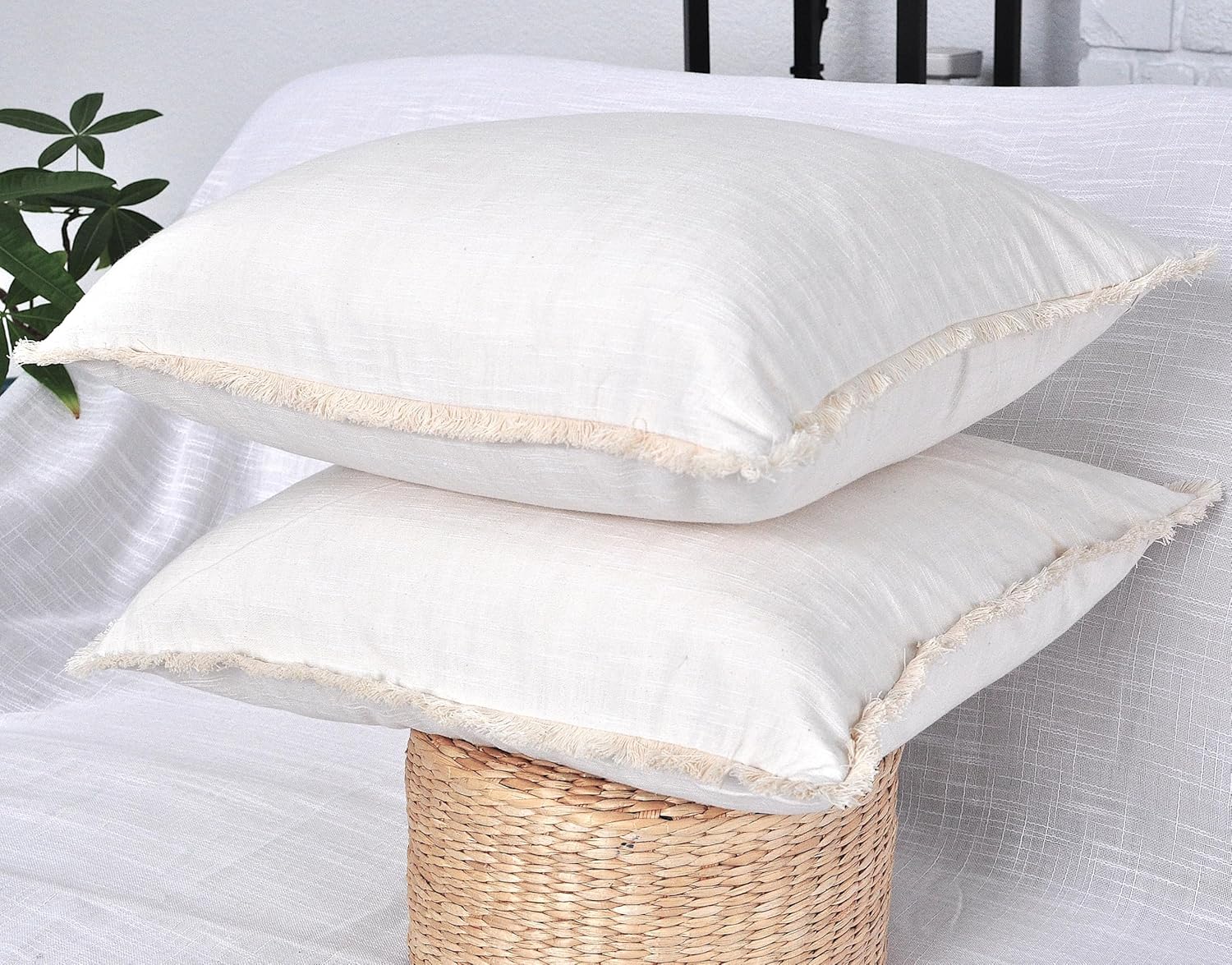 18×18 Ivory White Decorative Fringe Cotton Pillow Covers Boho Farmhouse Throw Cushion Covers with Tassels Linen Like Textured Accent Pillowcases for Bed Couch Chair Sofa Living Room Set of 2