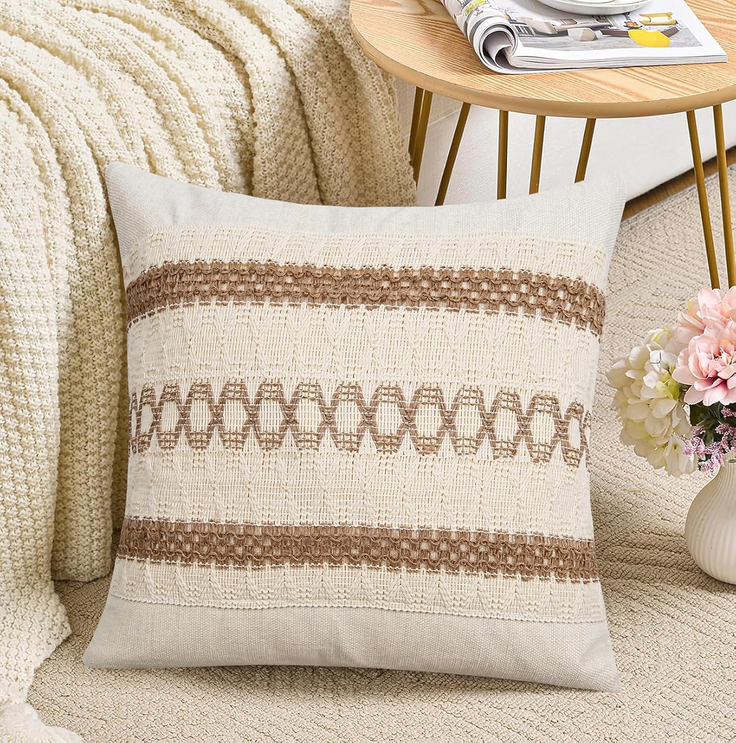 Pyonic Pack of 2 Boho Throw Pillow Covers 18x18 Inch Farmhouse Decorative Throw Pillows for Bed Sofa Living Room,Gray Modern Cushion Cover Couch Pillows Cover Home Decor