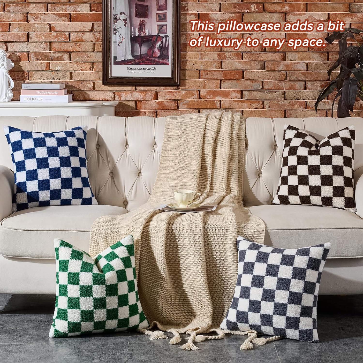 AmHoo Pack of 2 Decorative Throw Pillow Covers Checkerboard Luxury Super Soft Faux Fur Wool Set Case Cushion for Couch Sofa Bedroom 20 x 20-Inch Navy Blue