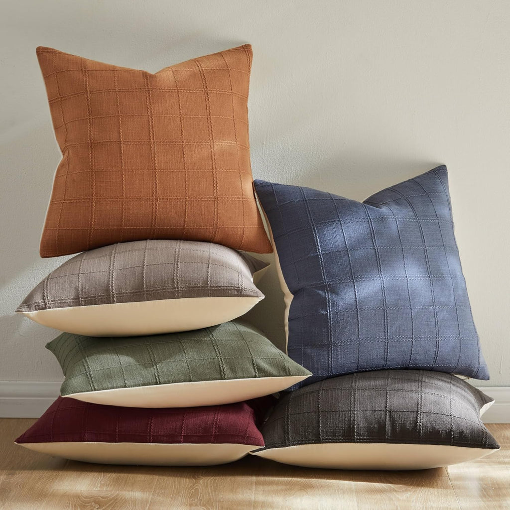 ZeeMart Linen Checked Throw Pillow Covers Set of 2, 18x18 Inch Charcoal/Cream, Farmhouse Decorative Single Sided Grid Embroidered Couch Pillow Cases Dark Grey Cotton Linen Cushion Covers