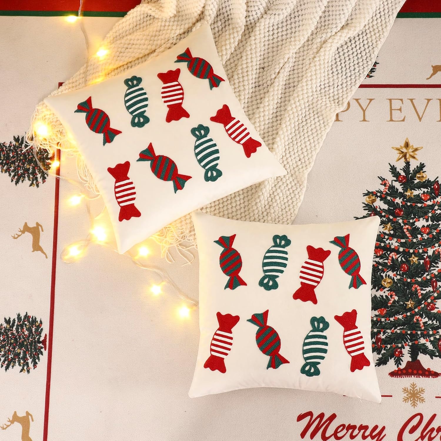 LUOYEHK Christmas Pillow Covers 18x18 Set of 2 Candy Decorative Beige Pillow Cases Winter Holiday Velvet Embroidered Cushion Covers for Couch Sofa Bed