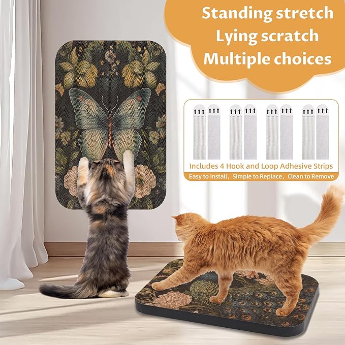 2 Pack Art Cat Scratcher, Wall-Mountable Cat Scratch Pad, Wall Cat Scratcher 16.7x11x1 Inch Cat Scratching Board for Indoor Cats Toy(Butterfly &Peacock)