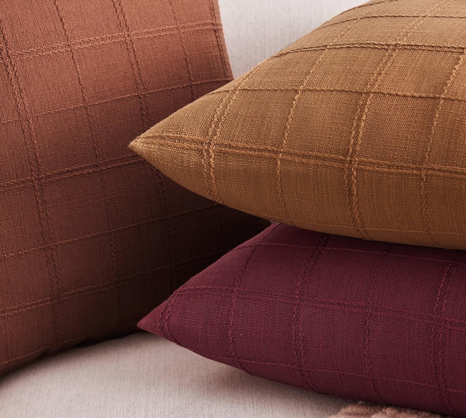 ZeeMart Linen Checked Throw Pillow Covers Set of 2, 22x22 Inch Allover Grid Caramel, Farmhouse Decorative Double Sided Grid Embroidered Couch Pillow Cases Burnt Orange Cotton Linen Cushion Covers ﻿