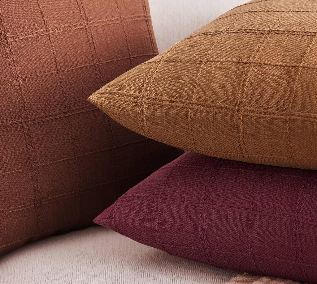 ZeeMart Linen Checked Throw Pillow Covers Set of 2, 16x16 Inch Allover Grid Terracota, Farmhouse Decorative Double Sided Grid Embroidered Couch Pillow Cases Rust Cotton Linen Cushion Covers