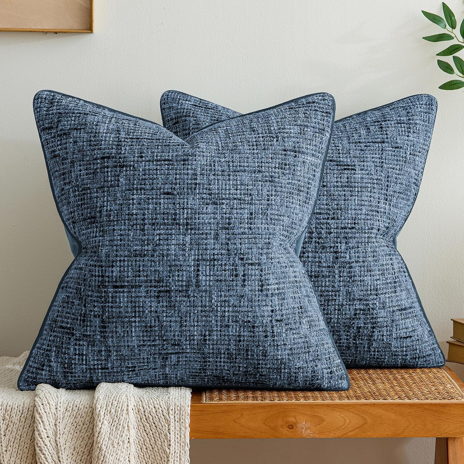 a moment Blue Reversible Pillow Covers 2 Pack - Farmhouse Chenille Throw Pillows, Neutral Textured Decorative Throw Pillow Covers with Border for Couch Sofa Bed (18x18 Inch, No Insert)