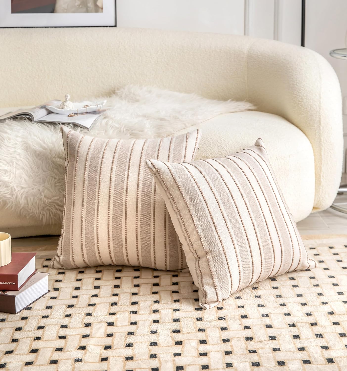 Decorative Boho Throw Pillow Covers, Farmhouse Textured Pillow Case, 22 x 22 Inch Set of 2, Chair Sofa Bedroom Living Room Home Decor Couch Cushion Case, Taupe and Beige Striped