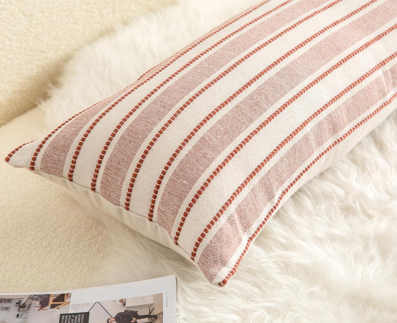 Decorative Boho Lumbar Pillow Covers, Modern Farmhouse Couch Pillowcase, 14 x 36 Long Accent Body Throw Pillow Covers, Sofa Bed Living Room Decor Cushion Case, Rust and Beige, Pack of 1