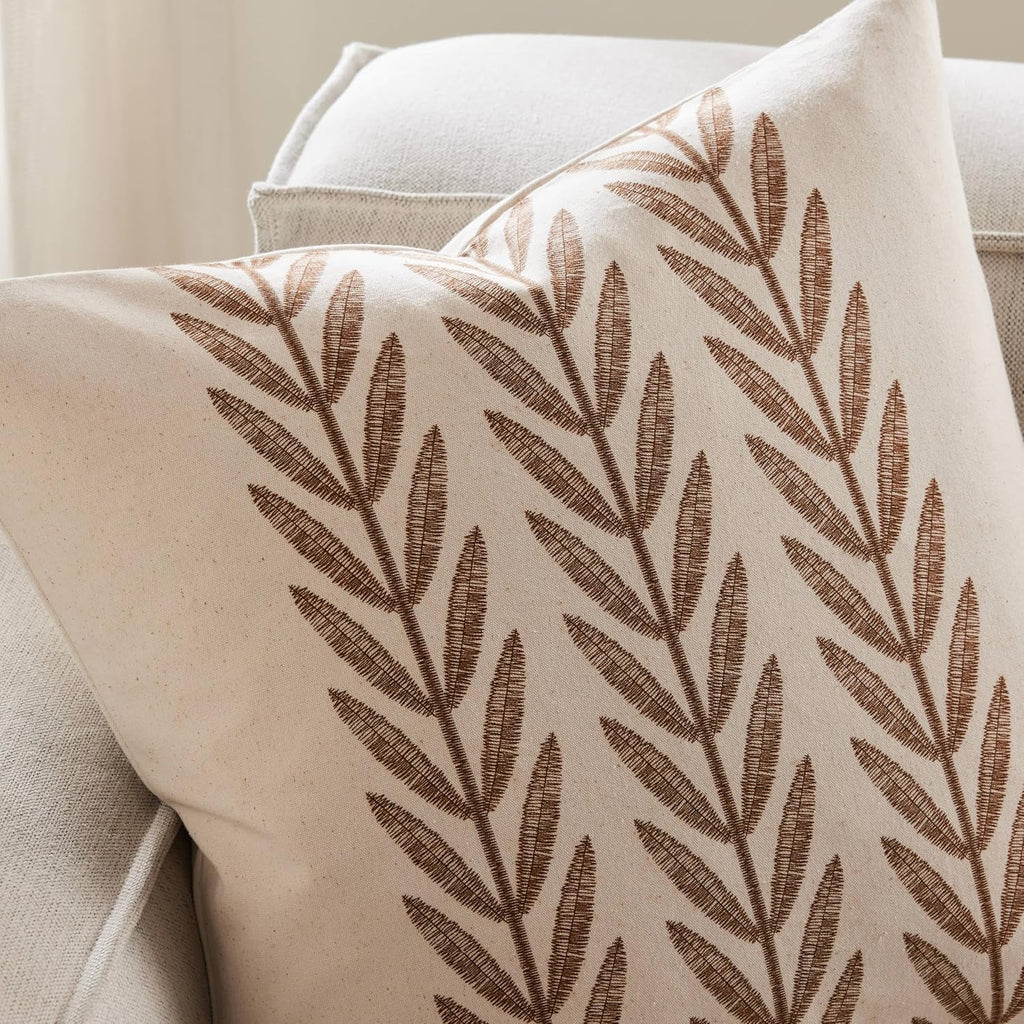 100% Cotton Farmhouse Leaves Throw Pillow Covers Set of 2, 22x22 Inch Caramel Pastoral Decorative Print Cushion Covers for Sofa Bed Living Room Home Decor