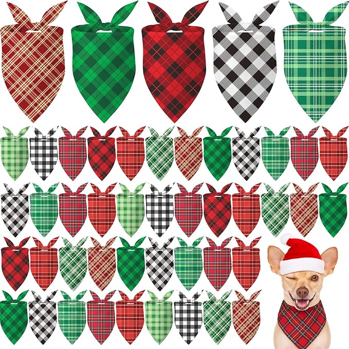 Weewooday 50 Pcs Christmas Dog Bandanas Bulk Xmas Red Green Buffalo Plaid Bandanas for Dogs Soft Bibs Adjustable Triangle Scarf for Small Medium Large Pets Costume (31.5 x 21.7 x 21.7 Inch)