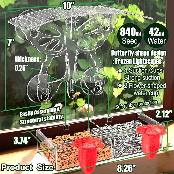 Clear Window Bird feeders with Strong Suction Cups,Butterfly-Shaped Acrylic Window Mount Bird Water feeders for Outdoors Squirrel Proof,Window Bird feeders for Viewing Cats House Gift,Garden Decor;