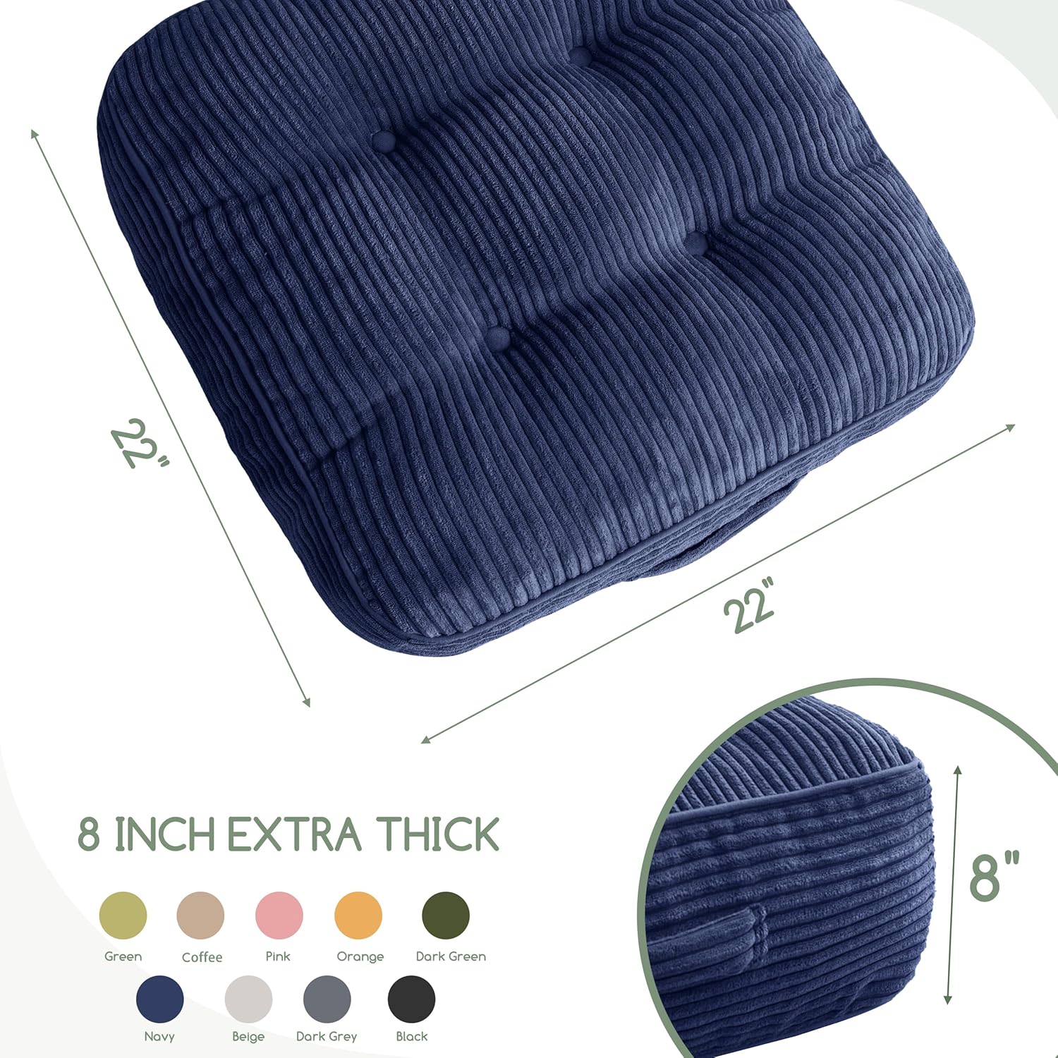 8" Washable Floor Pillow Cushion for Adults, Meditation Cushion Pillow, Large Square Floor Sitting, Removable Tufted Corduroy Cover, for Tatami Living Room or Yoga, 22x22 Inch, 2Pack, Machine Washable