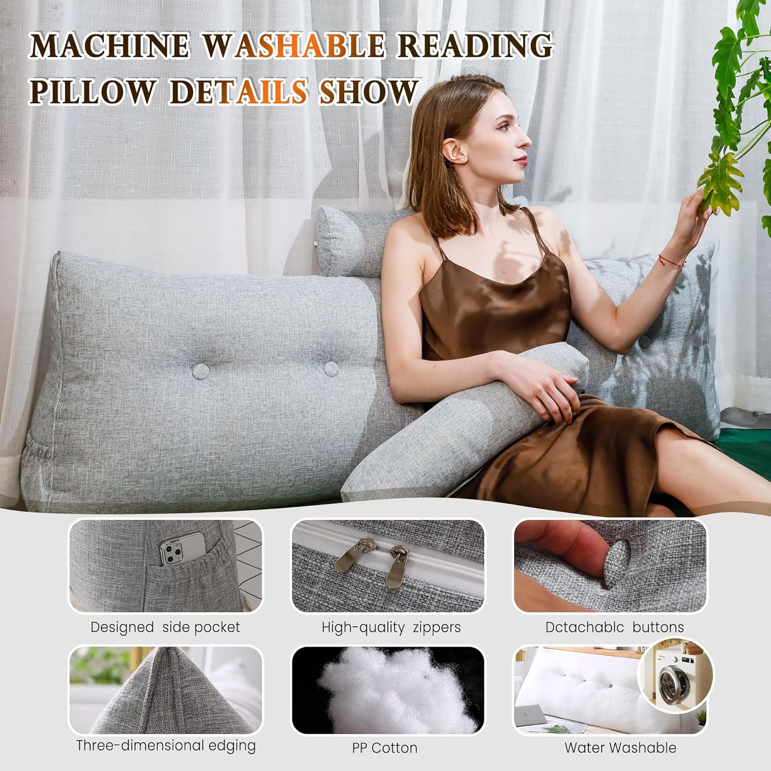 Headboard Pillow King Size, Triangular Wedge Backrest with Removable Head Roll & Side Pocket, 100% Linen Reading Pillow for Bed, Couch, Floor - Ergonomic Support for Neck, Back,Grey