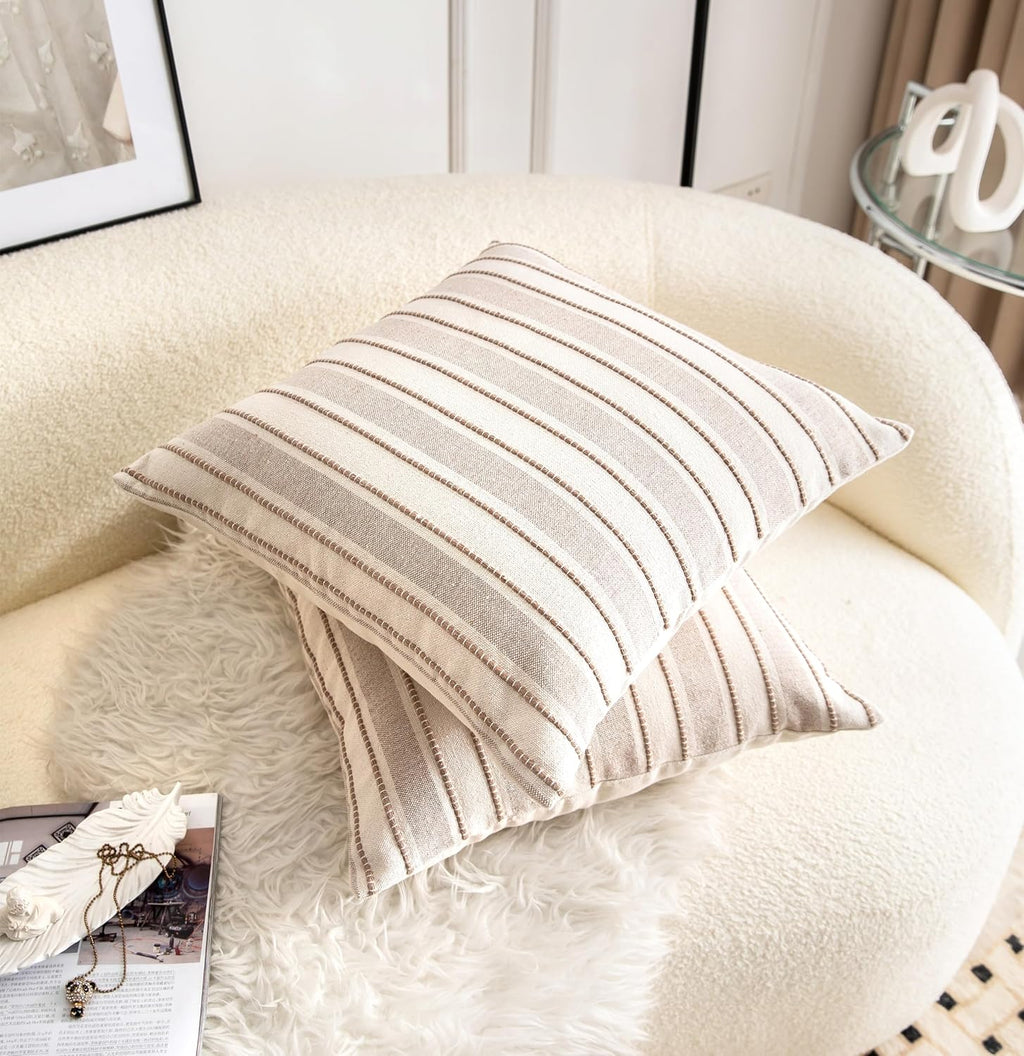 Decorative Boho Throw Pillow Covers, Farmhouse Textured Pillow Case, 18 x 18 Inch Set of 2, Chair Sofa Bedroom Living Room Home Decor Couch Cushion Case, Taupe and Beige Striped