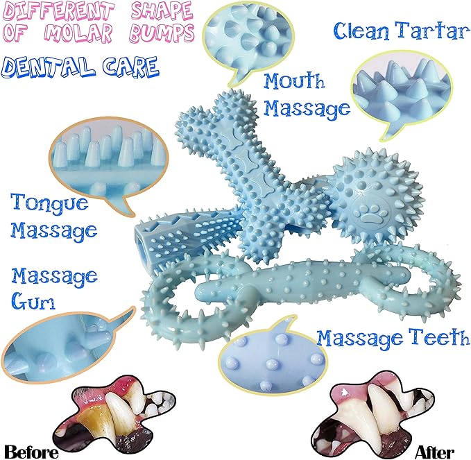 4 Pack Puppy Teething Toys 0-6 Months Dog Chew Toy Cute Rubber Bone,Teeth Clean Ball,Interactive Donut,Treat Dumbbell for Small Dogs(Blue)