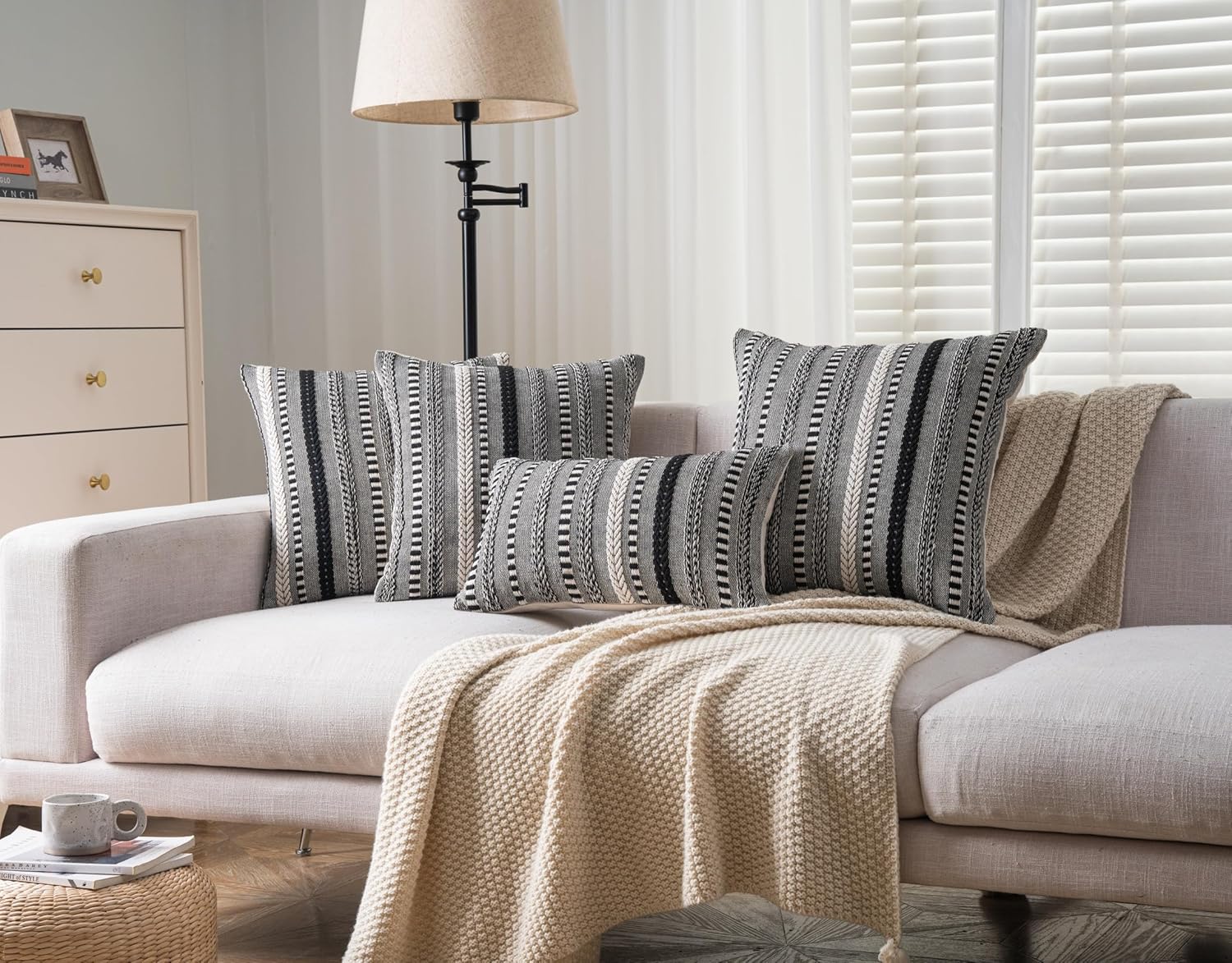 Boho Throw Pillow Covers 18x18 Inch Set of 2, Farmhouse Decorative Couch Pillow Cases, Black Accent Pillows of Bed, Sofa Bedroom Living Room Home Decor Cushion Cover