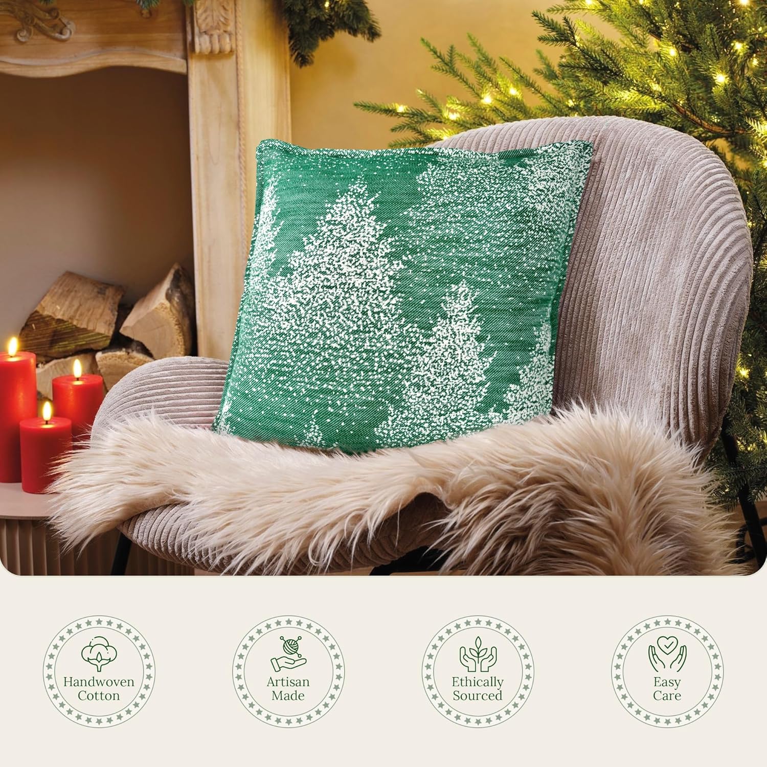 SanVia Moss & Snow Premium Cotton Throw Pillow Covers, 20 x 20 Inches, Green Handwoven Couch Pillow Covers, Luxury Holiday Theme Home Décor Cushion Cover, Insert Not Included