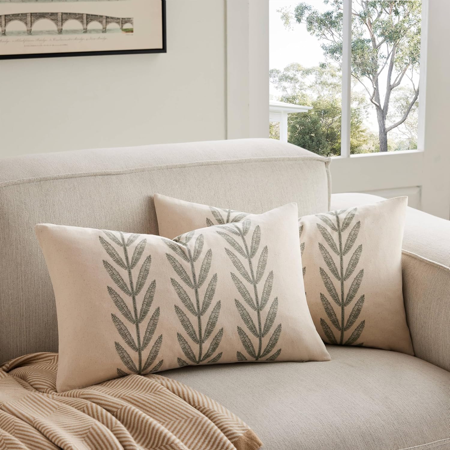 100% Cotton Farmhouse Leaves Lumbar Throw Pillow Covers Set of 2, 12x20 Inch Green Pastoral Decorative Print Cushion Covers for Sofa Bed Living Room Home Decor