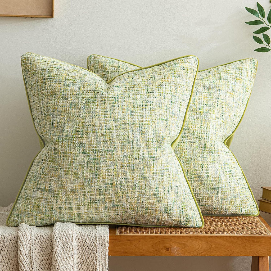a moment Green Reversible Pillow Covers 2 Pack - Farmhouse Chenille Throw Pillows, Neutral Textured Decorative Throw Pillow Covers with Border for Couch Sofa Bed (20x20 Inch, No Insert)