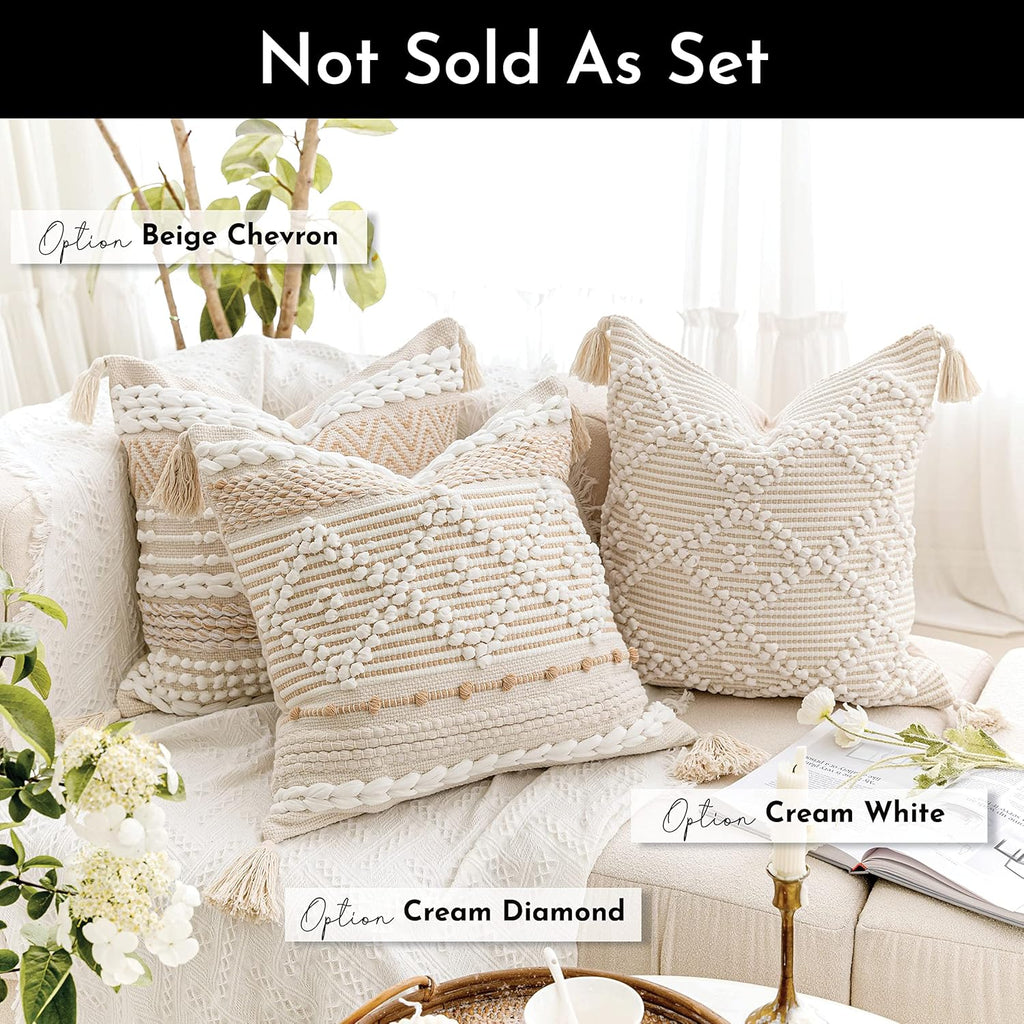 BlissBlush Cream White Boho Throw Pillow Cover 20X20, Boho Woven Textured Pillow Cover, Neutral Pillow Cover, Sofa Couch Bed Farmhouse Lumbar Pillow (Cover ONLY)