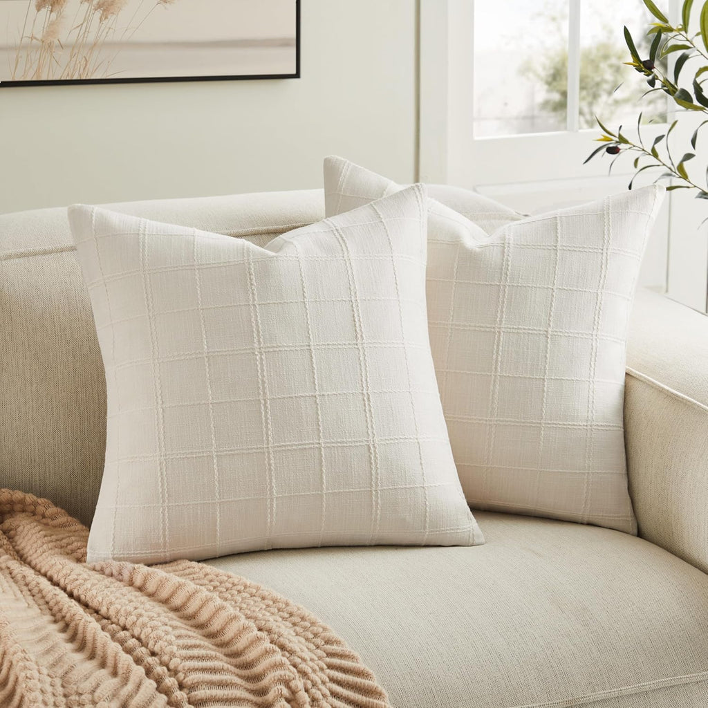 ZeeMart Linen Checked Throw Pillow Covers Set of 2, 20x20 Inch Ivory/Cream, Farmhouse Decorative Single Sided Grid Embroidered Couch Pillow Cases Off White Cotton Linen Cushion Covers