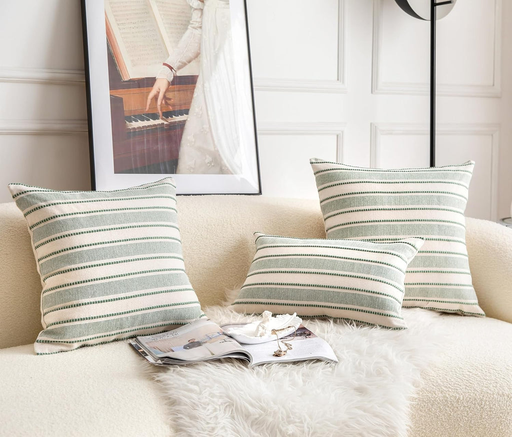 Decorative Boho Lumbar Throw Pillow Covers, Farmhouse Textured Pillow Case, 12 x 20 Inch Set of 2, Chair Sofa Bedroom Living Room Home Decor Couch Cushion Case, Green and Beige